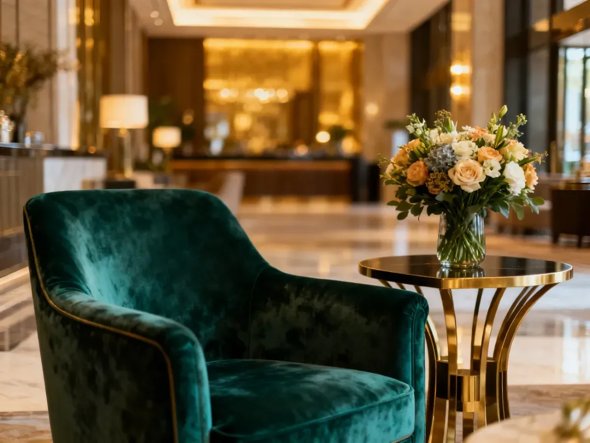 Eleganckie wnętrze butikowego hotelu z aksamitnym fotelem, kwiatami i stylowym lobby w ciepłym, luksusowym oświetleniu.
