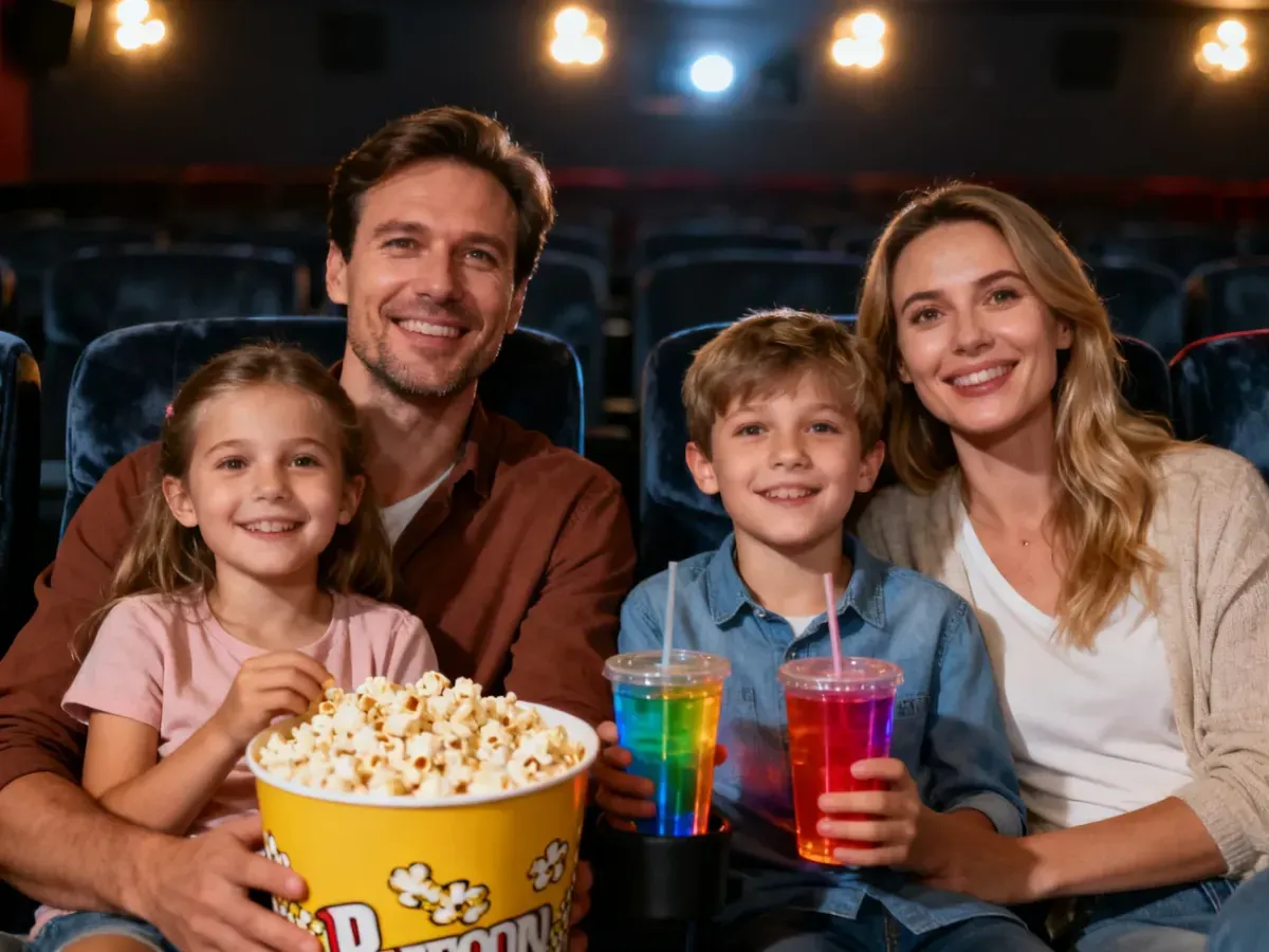 Szczęśliwa czteroosobowa rodzina siedząca w kinie z popcornem i napojami, przygotowująca się do wspólnego seansu.
