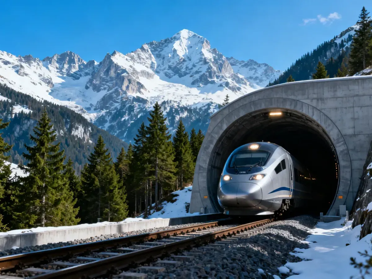 Nowoczesny pociąg wyjeżdżający z oświetlonego tunelu kolejowego w austriackich Alpach na tle ośnieżonych szczytów.