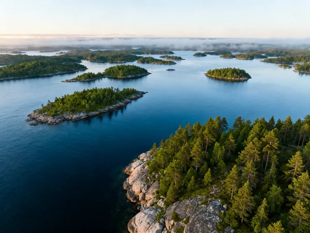 Malowniczy archipelag tysięcy zielonych wysp rozrzuconych na spokojnych, błękitnych wodach w porannym świetle.