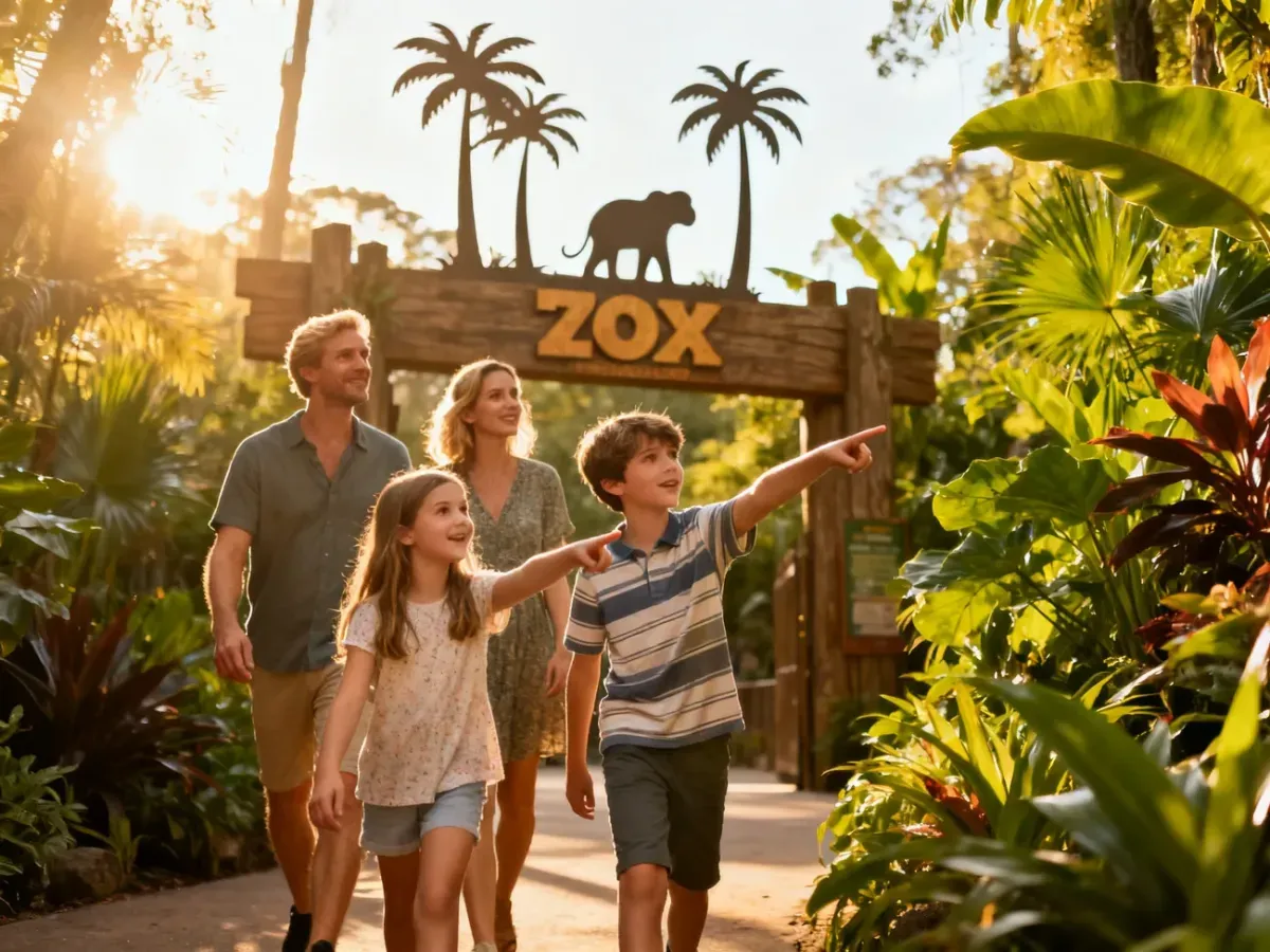 Szczęśliwa czteroosobowa rodzina wchodzi do zoo, wskazując z radością na egzotyczną roślinność w słoneczny dzień.