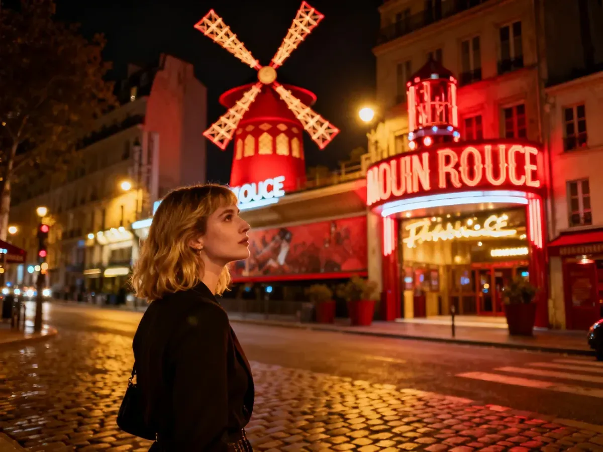 Oświetlony czerwony wiatrak Moulin Rouge nocą z kobietą patrzącą na wejście do słynnego paryskiego kabaretu.