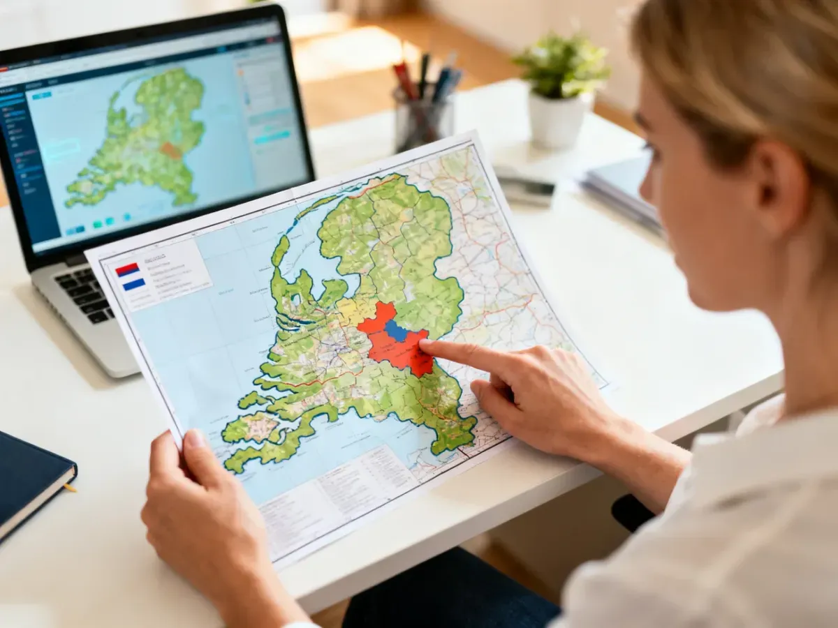 Kobieta w biurze wskazuje palcem na mapę Holandii, korzystając jednocześnie z cyfrowej mapy na laptopie.