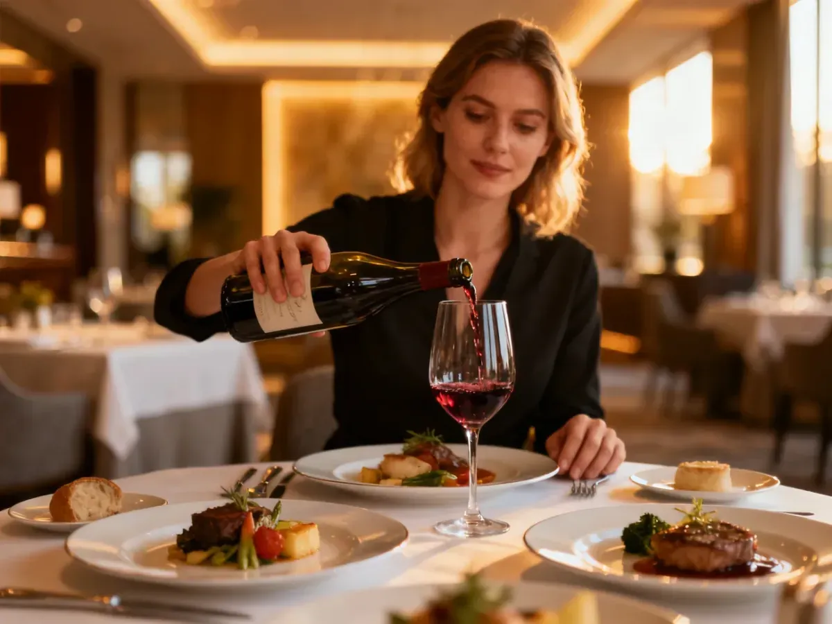 Elegancko nakryty stół w hotelowej restauracji, przy którym kobieta nalewa wino, podkreślając luksusowy charakter pobytu.
