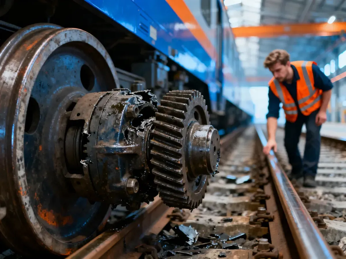Zbliżenie na zużyte elementy mechaniczne koła pociągu w warsztacie, w tle technik dokonujący przeglądu technicznego.
