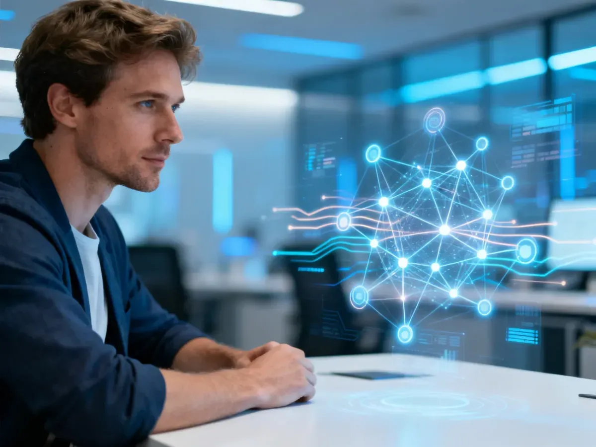 Mężczyzna w biurze analizujący dane na holograficznym interfejsie, symbolizujący nowoczesne technologie sieciowe.